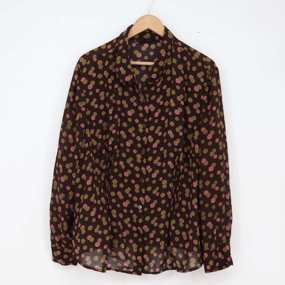Style & Co Blouse Women Large Brown Geometric Dot Button-Down Excellent